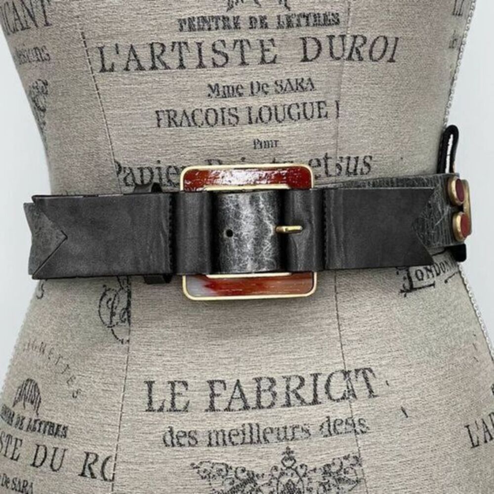 Wide Black Leather Belt with Red-Enamel Square Buckle